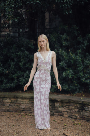 1930s lavender crepe chiffon leaf pattern nightgown
