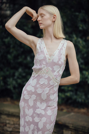 1930s lavender crepe chiffon leaf pattern nightgown