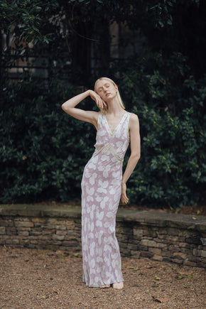 1930s lavender crepe chiffon leaf pattern nightgown