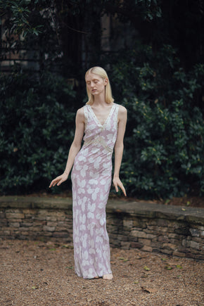 1930s lavender crepe chiffon leaf pattern nightgown