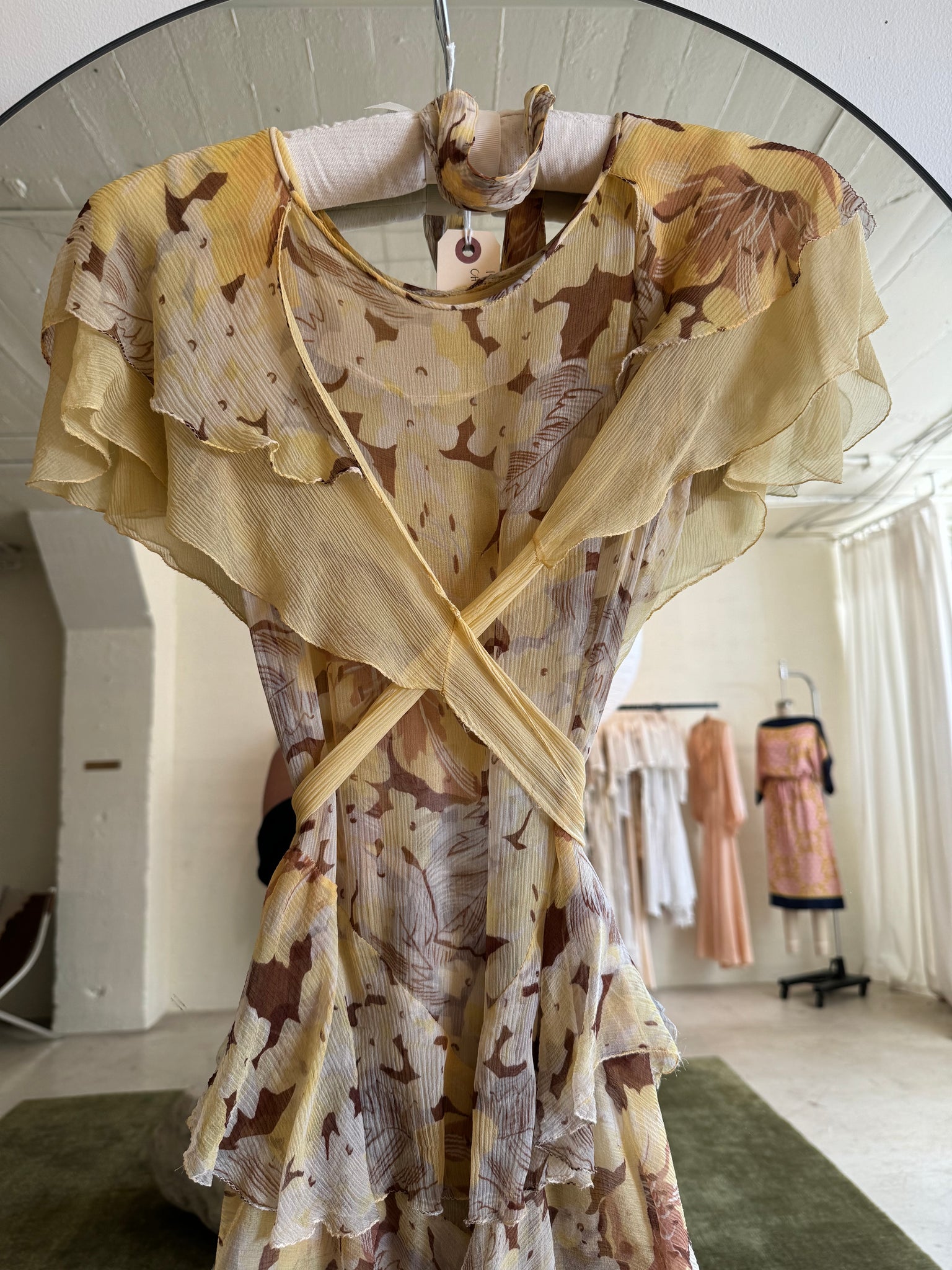 1930s yellow floral silk chiffon dress