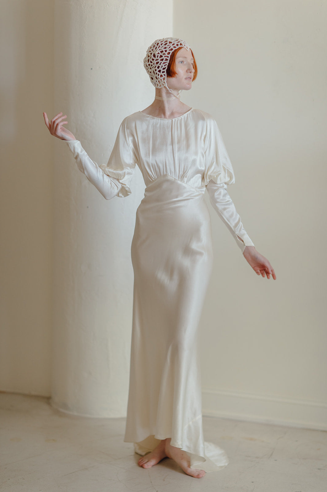 1930s bias trained silk satin Juliet sleeve wedding gown
