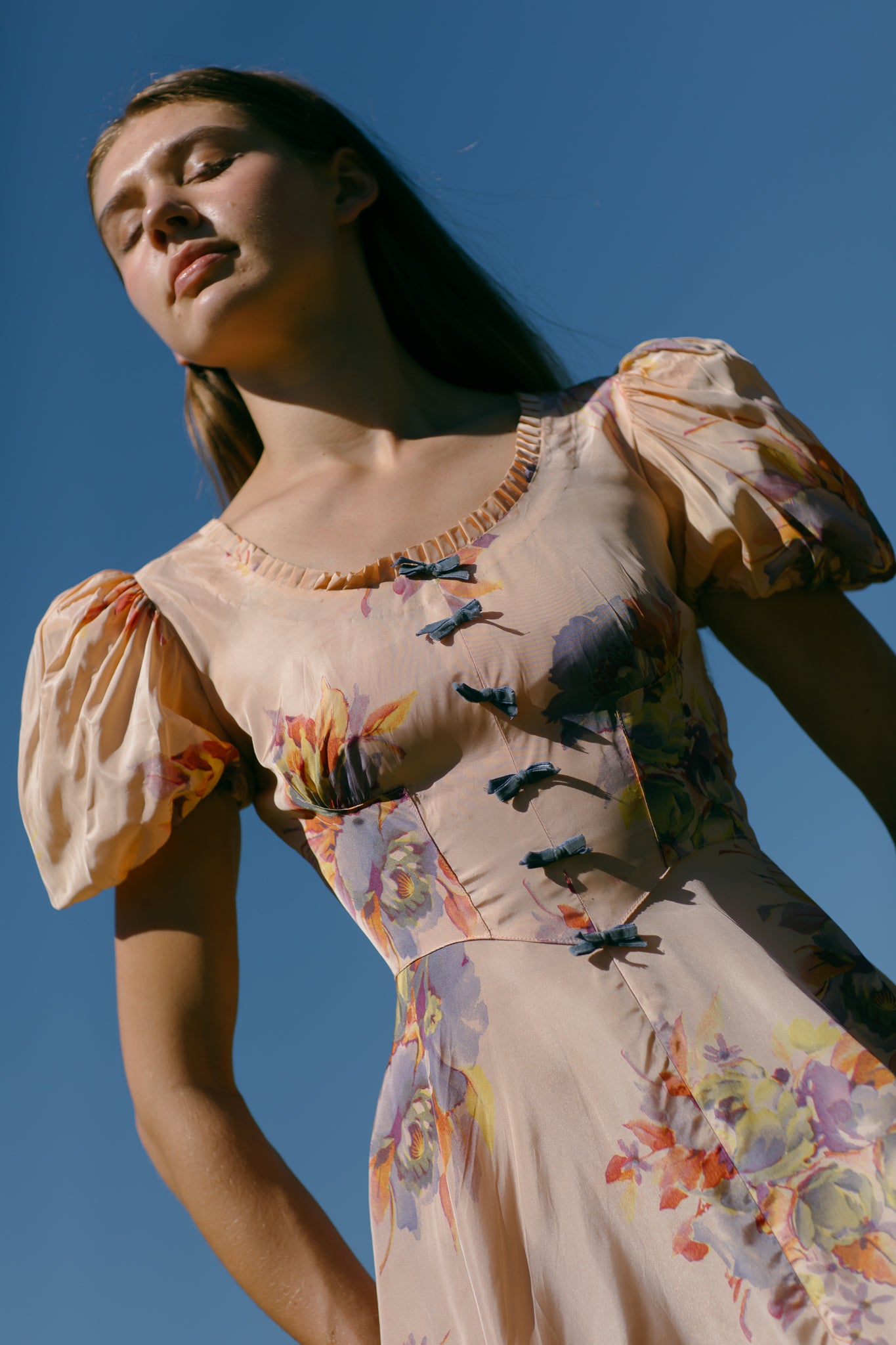 1930s silk taffeta floral bow dress