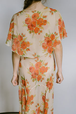 1920s silk chiffon floral capelet dress