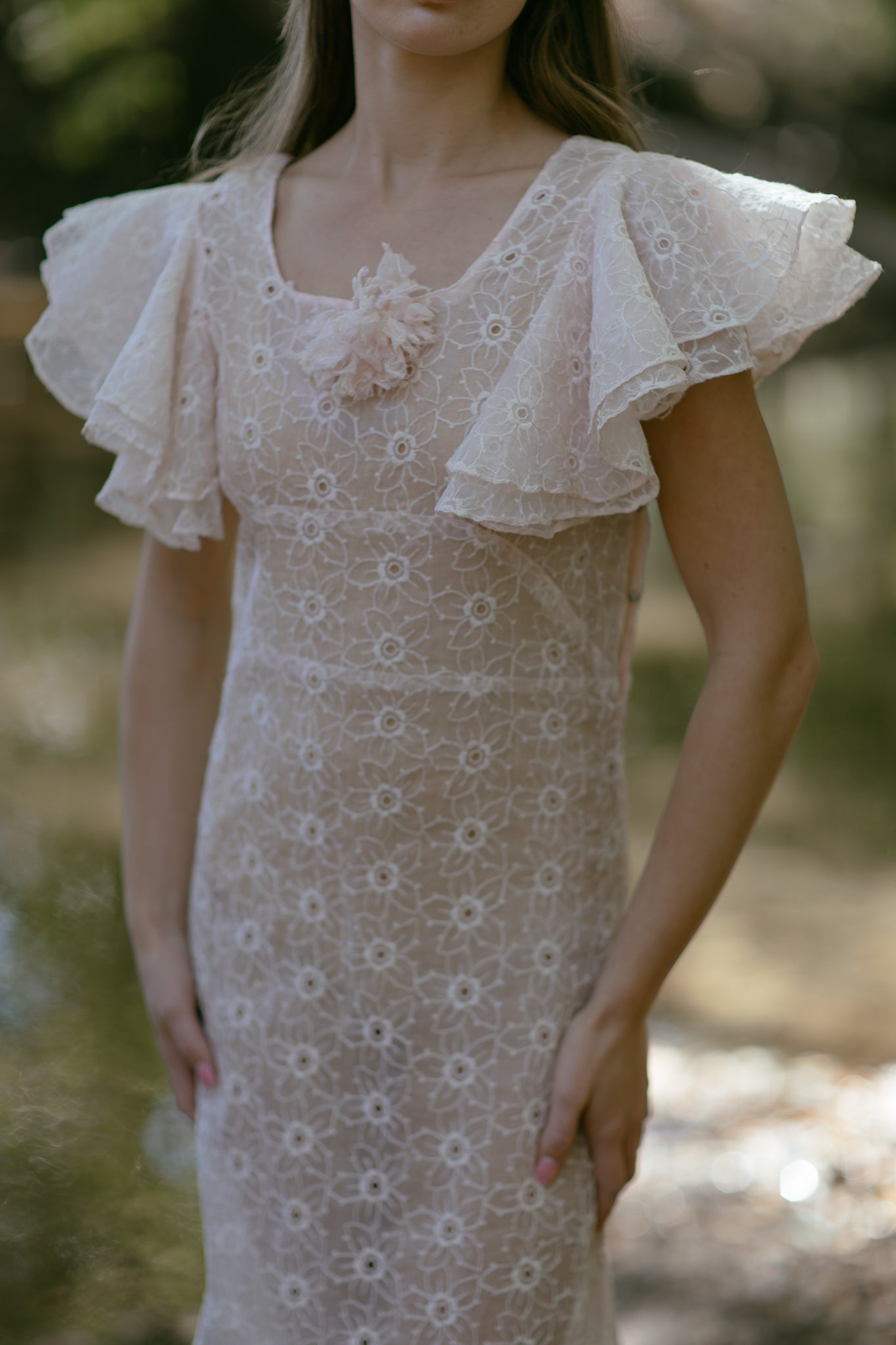 1930s blush eyelet organza gown