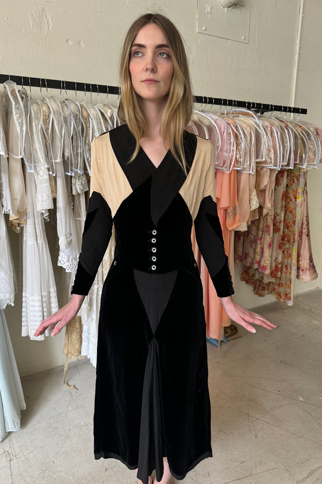 1930s art deco Crepe velvet dress