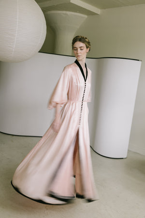 1930s printed silk satin balloon sleeve gown, France