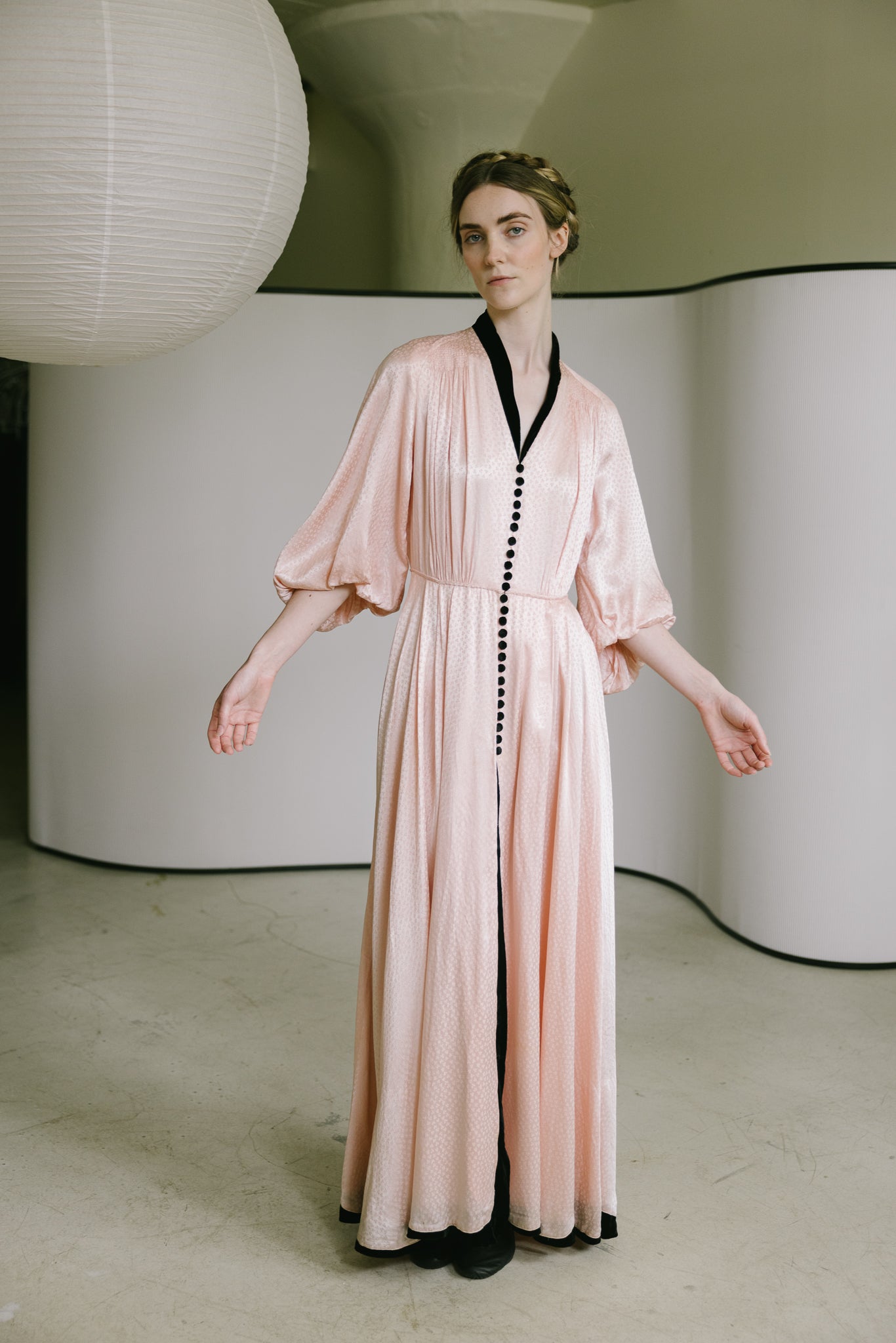 1930s printed silk satin balloon sleeve gown, France