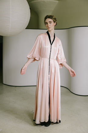 1930s printed silk satin balloon sleeve gown, France