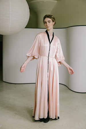 1930s printed silk satin balloon sleeve gown, France