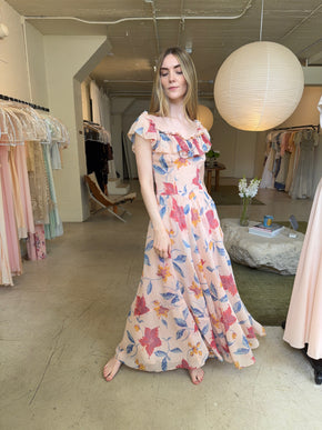 1940s hibsicus print chiffon ruffled gown