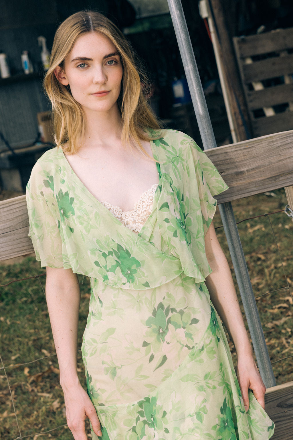 1920s green floral silk chiffon gown