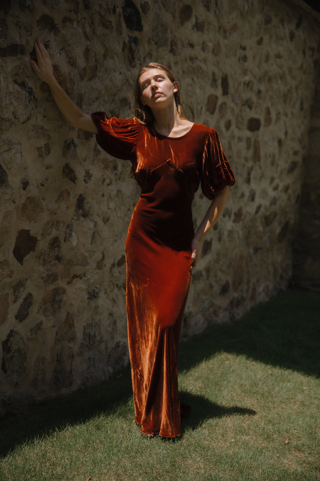 1930s rust silk velvet evening gown