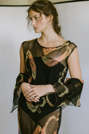 1920s resistance printed silk chiffon ensemble