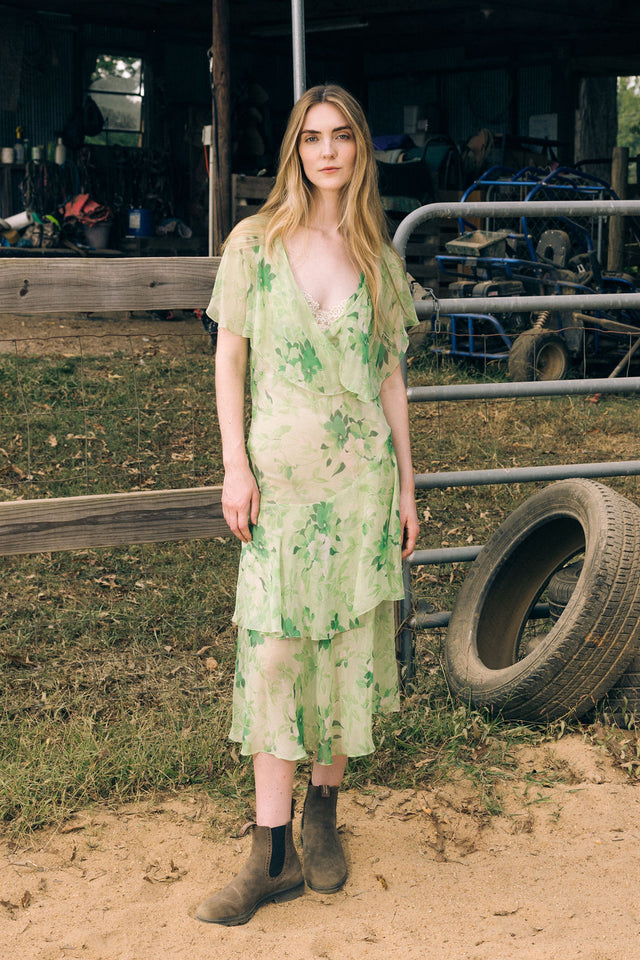 1920s green floral silk chiffon gown