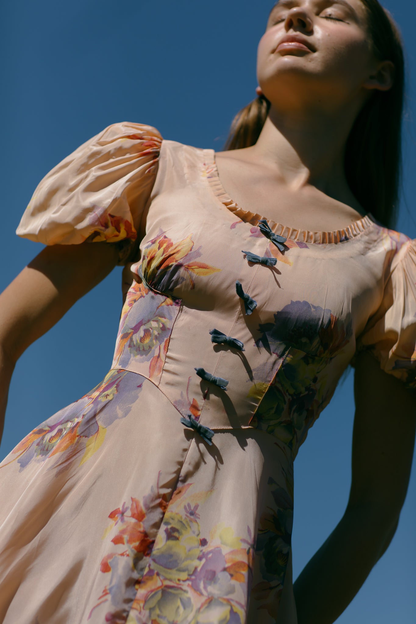 1930s silk taffeta floral bow dress