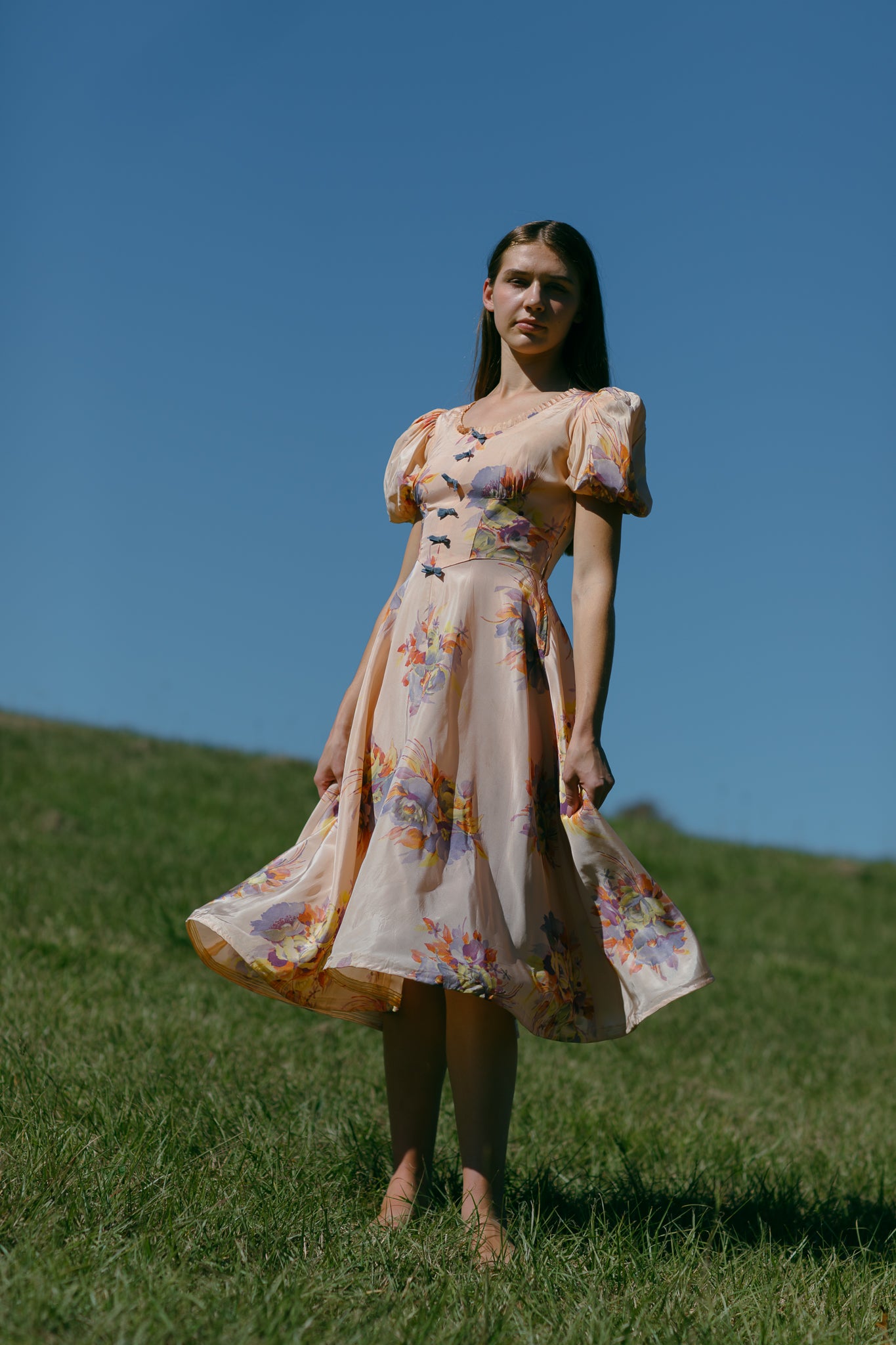 1930s silk taffeta floral bow dress