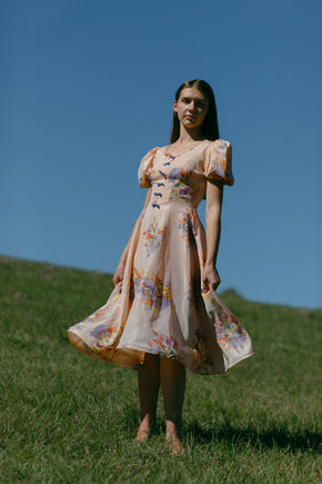 1930s silk taffeta floral bow dress