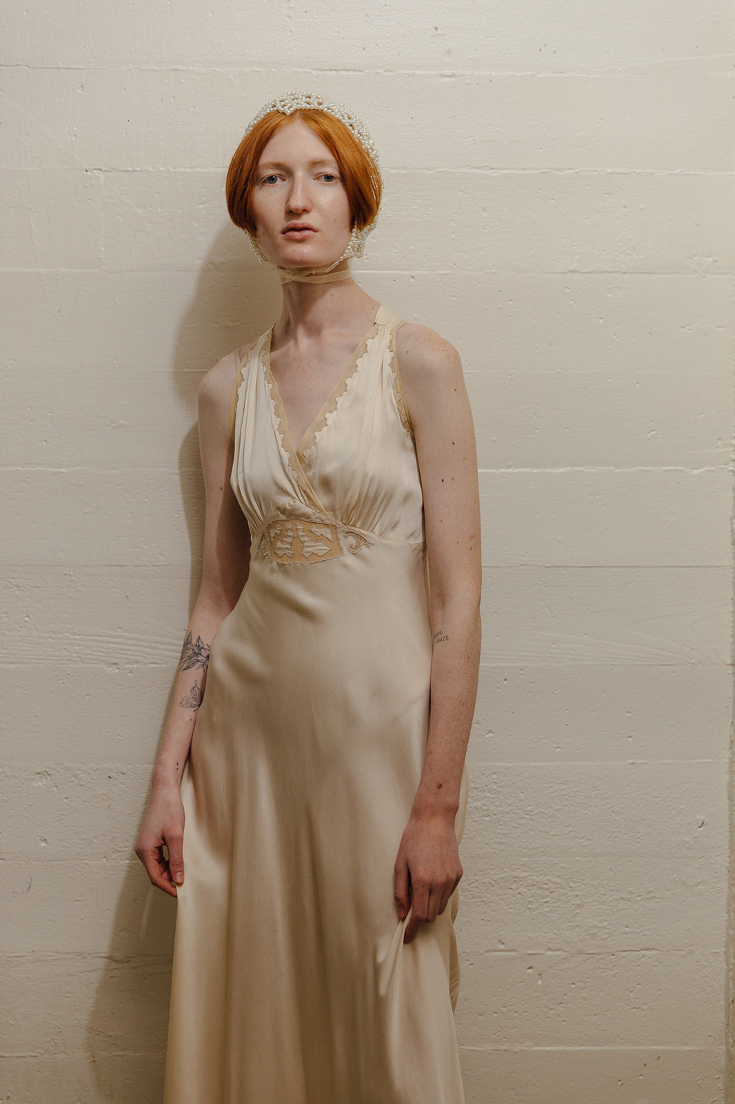 1930s bias champagne silk + net night gown