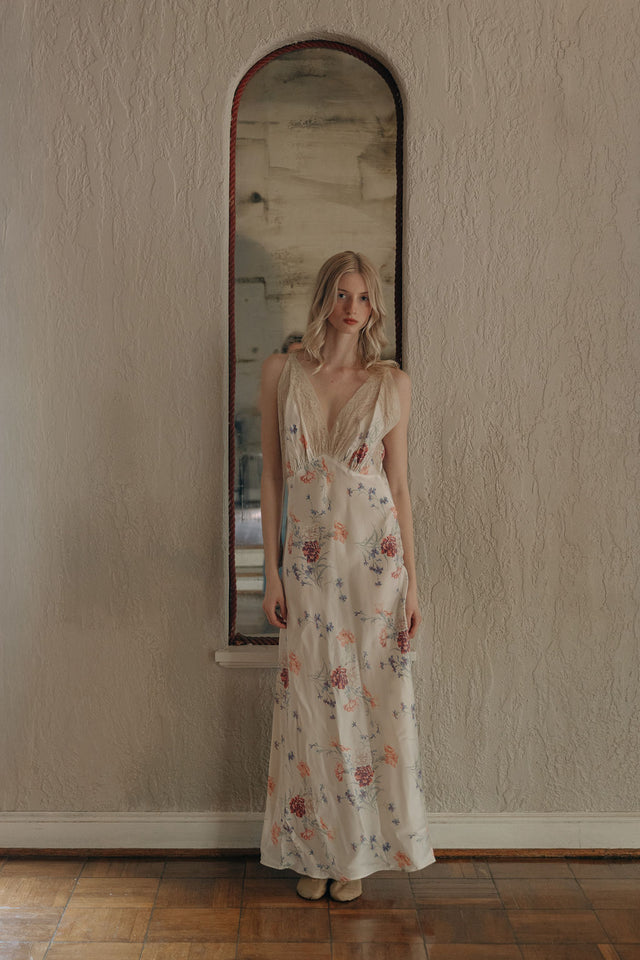 1930s bias floral rayon slip gown