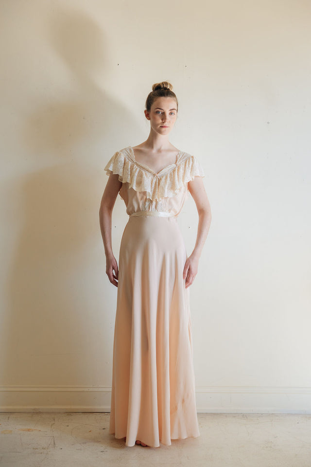 1930s baby pink silk lace bias cut lingerie gown, France