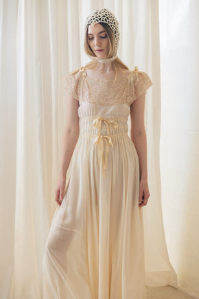 1930s semi sheer cream silk lace lingerie gown, France