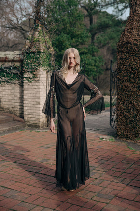 1930s silk chiffon floral chainstitch gown