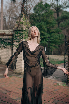 1930s silk chiffon floral chainstitch gown