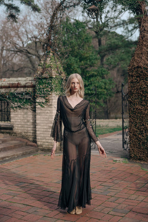 1930s silk chiffon floral chainstitch gown