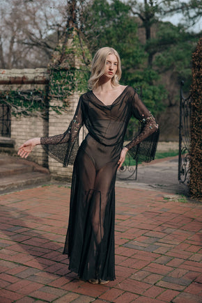 1930s silk chiffon floral chainstitch gown