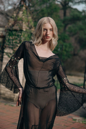 1930s silk chiffon floral chainstitch gown