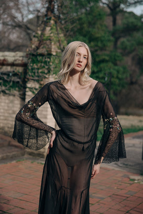 1930s silk chiffon floral chainstitch gown