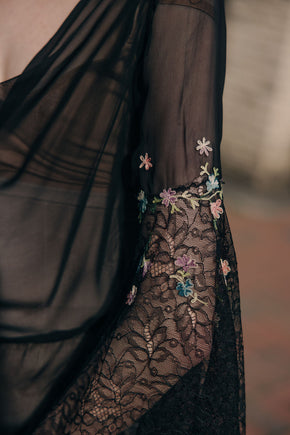 1930s silk chiffon floral chainstitch gown