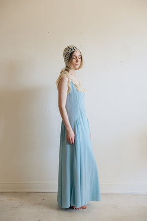 1930s blue silk lace lingerie gown, France