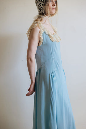 1930s blue silk lace lingerie gown, France