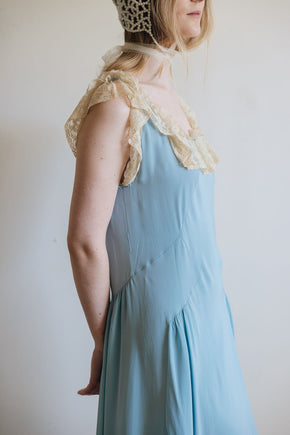 1930s blue silk lace lingerie gown, France