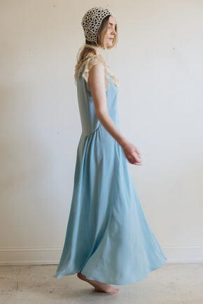 1930s blue silk lace lingerie gown, France