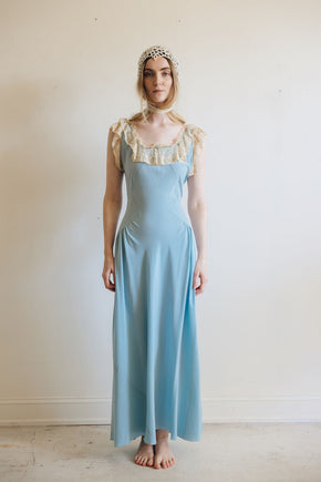 1930s blue silk lace lingerie gown, France
