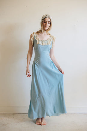 1930s blue silk lace lingerie gown, France