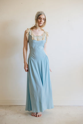 1930s blue silk lace lingerie gown, France