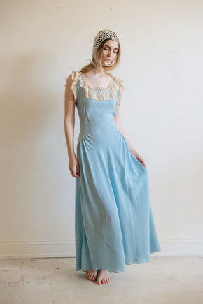 1930s blue silk lace lingerie gown, France