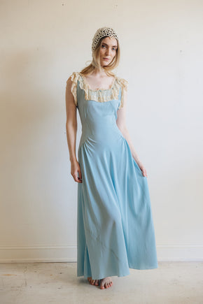 1930s blue silk lace lingerie gown, France