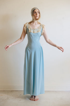 1930s blue silk lace lingerie gown, France