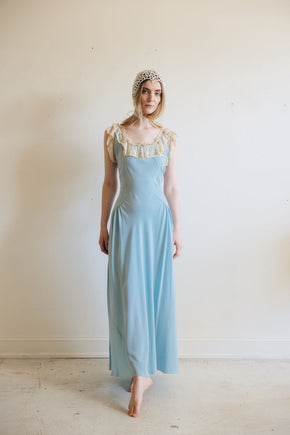 1930s blue silk lace lingerie gown, France