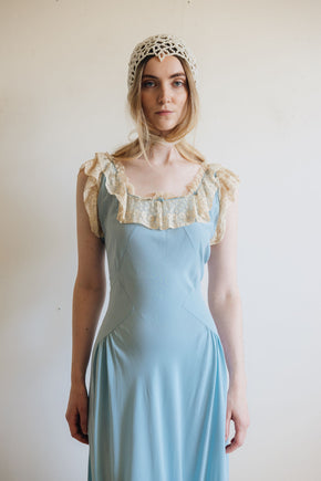 1930s blue silk lace lingerie gown, France