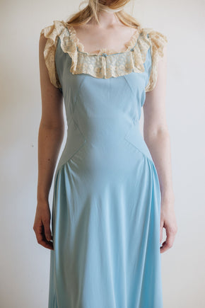 1930s blue silk lace lingerie gown, France