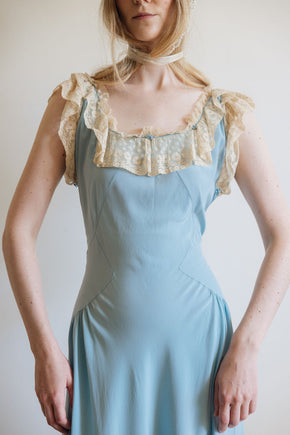 1930s blue silk lace lingerie gown, France