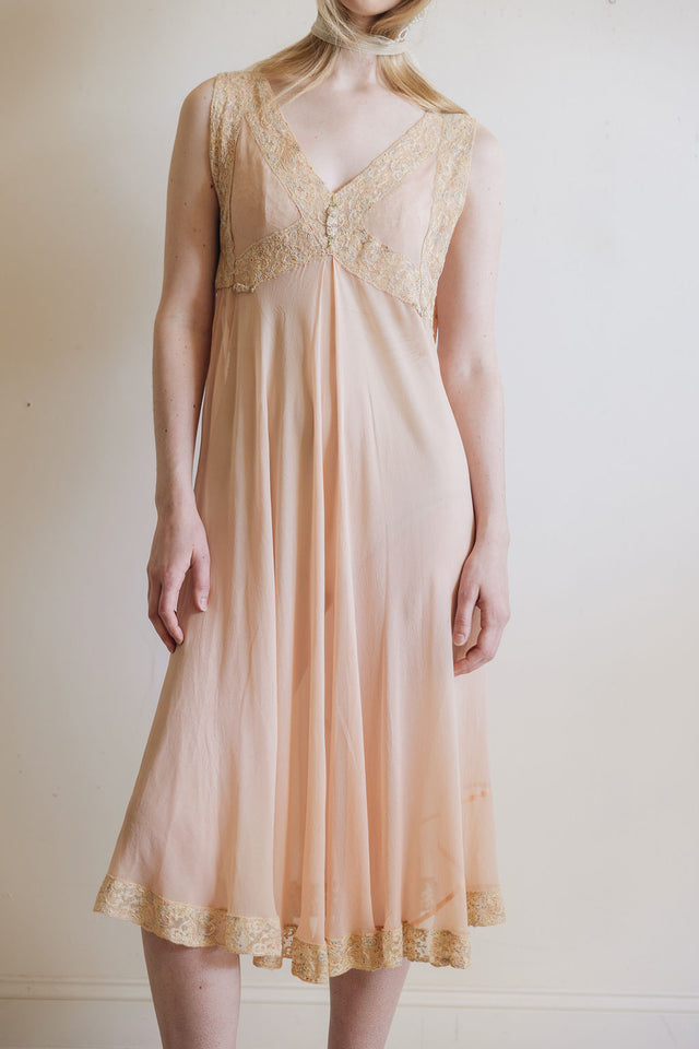 1930s silk chiffon lace lingerie dress, France