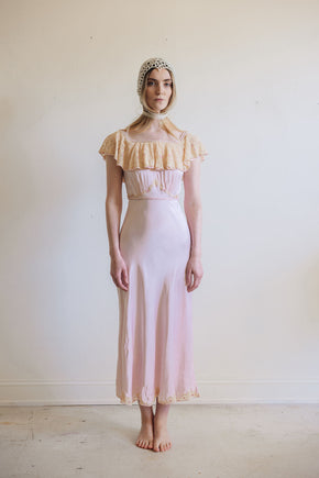1930s pink silk satin lace braided gown, France