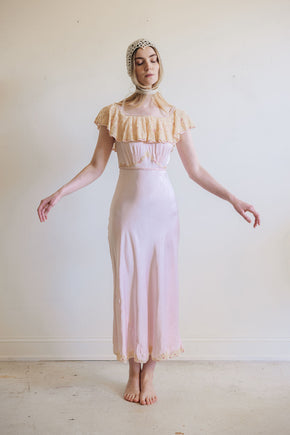 1930s pink silk satin lace braided gown, France